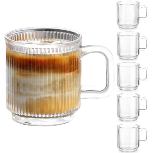 6 PACK Premium Glass Coffee Mugs with Handle. 12 OZ Classic Vertical Stripes Glass Coffee Cups. Transparent Tea Cup for Hot/Cold Beverages. Glassware Set for Americano. Latte. Cappuccino