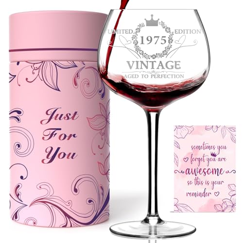 50TH Birthday Gifts for Her. Vintage 1975 Engraved 50th Wine Glass. 50 Year Old Birthday Decorations For Women. Funny 50 Bday Gifts Idea For Women. Friends. Daughter. Sister Mom - Turning 50 Present